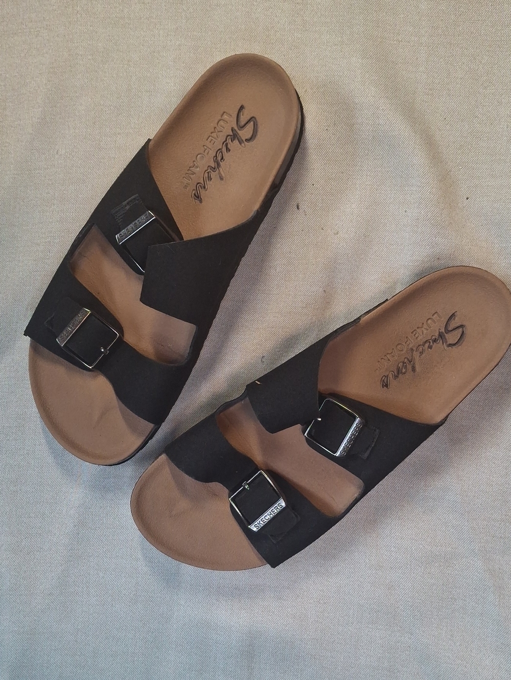 Skechers Luxe Foam Black Double Buckle Sandals Sz 8
